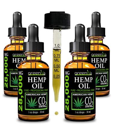 GreenIVe Hemp Oil Drops 28 000mg Naturally Grown Vegan Rich in Omegas Premium Hemp Oil Dropper Non-GMO Made in USA 30mL (4 Pack)