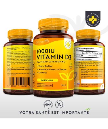 Vitamin D 1000 IU - 365 Soft Capsules - For 1 Year - Maintaining a Healthy Immune System Muscles Bones and Teeth - Vitamin D3 1000iu Cholecalciferol - Nutravita - Buy Online on GoSupps.com