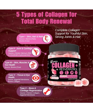 Multi Collagen Gummies Peptides Hydrolyzed Type I II III V X Plus Resveratrol Hyaluronic Acid & Biotin Gummies for Hair Skin and Nails Vitamins | Colageno Hidrolizado for Women & Men | Sugar Free - Buy Online on GoSupps.com