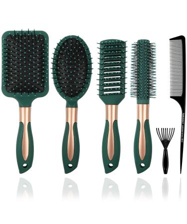 Mens Paddle Hair Brush Comb Set for Women and Men 6 Pcs Wet Hair Brushes for long Hair No Tangle Hair Brush for Curly or Straight Hair (Dark Green) 1Green