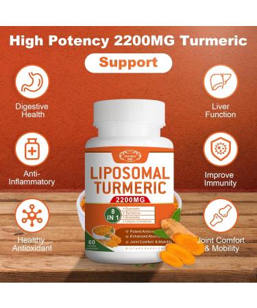 2200mg Liposomal Turmeric Curcumin Supplement with Black Pepper & Ginger Enhanced Absorption - 95% Curcumin Extract for Joint Support 180 Capsules - Buy Online on GoSupps.com