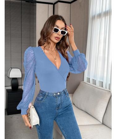 Fayenne Womens Tops Deep V Neck Cross Wrap Sexy Tops Polka Dot Mesh Long Sleeve T Shirt Casual Blouses M Grey Blue - Buy Online on GoSupps.com
