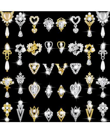 36 Pieces Heart Nail Art Rhinestones Pearl Crystal Nail Charms 3D Dangle Nail Charms Metal Nail Gems 3D Nail Jewelry for Nails DIY Accessories Supplies Jewelry Crafting  Gold  Silver  18 Styles