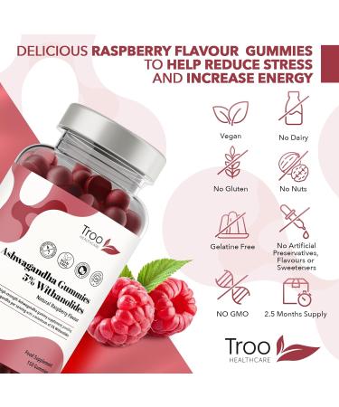 1200mg Ashwagandha Gummies - 150 Natural Raspberry Flavour Chewables - Vegan & Gluten-Free Supplement with 5% Withanolides - 2 Months Supply - Buy Online on GoSupps.com