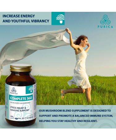 PURICA Complete 360 Organic Mushroom Blend Supplement - Reishi Lions Mane Chaga Shiitake Maitake Cordyceps Turkey Tail Sun Mushroom and Ashwagandha - 100 grams 100 g (Pack of 1) - Buy Online on GoSupps.com