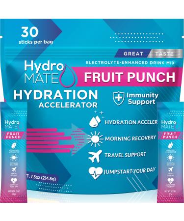 HydroMATE Electrolytes Powder Drink Mix Packets Hydration Accelerator Low Sugar Hangover Party Recovery Vitamin C Fruit Punch 30 Sticks 30 Count (Pack of 1)