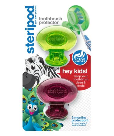 Steripod Kids Clip-On Toothbrush Protector (2-Pack Purple & Green Glitter Pods)