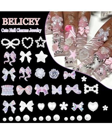 BELICEY White Bow Nail Art Charms - 1000PCS Resin Kawaii Nail Jewels in Multi Shapes for DIY Nail Designs - Includes Tweezer & Pickup Pencil - Buy Online on GoSupps.com
