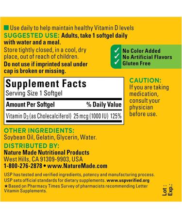 Nature Made Vitamin D3 25 mcg - 100 Softgels | Essential Immune Support - Buy Online on GoSupps.com