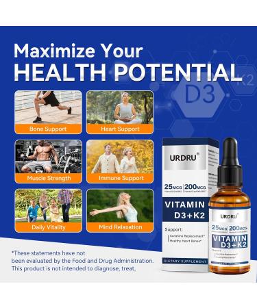 URDRU Organic Vitamin D3 K2 Liquid Drops - 1 Fl Oz Max Absorption 1,000 IU D3 & 200mcg K2 Drops for Immune & Mood, Bone & Teeth Health 30ml - Buy Online on GoSupps.com