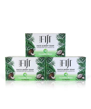 Coco Fiji Soap Bar for Face and Body Infused With Organic Coconut Oil Cucumber Melon Essential Oil Natural Soap for Moisturizing & Pore Purifying Skin 7 oz Pack Of 3 Cucumber Melon Pack of 3