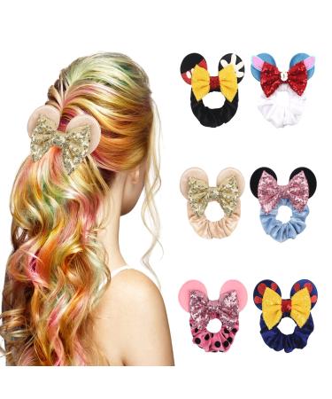 6 Pack Scrunchies Mouse Ears Hair Bows Scrunchies for Kids Velvet Sparkle Sequin Bows Hair Scrunchies Hair Ties Elastic Hair Accessories for Women Girls Adult Kids Cosplay Vacation Photography Party Style 1