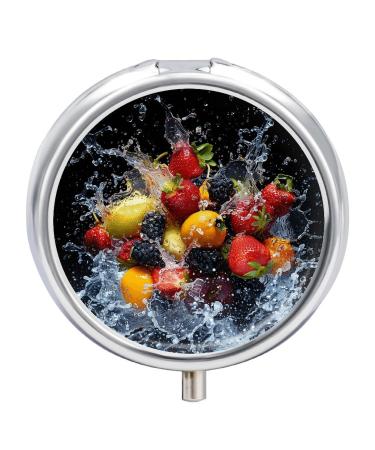 Pill Box Pill Case 3 Compartment Travel Pill Box Splashing Fruit Image Printing Small Pill Box Portable Medicine Pill Case Pill Organizer for Purse & Pocket for Travel Handbag (Round)
