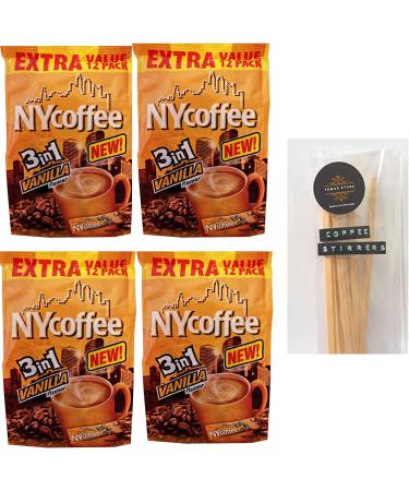 NYCoffee 3 in 1 Sachets (48) Vanilla Flavour Bundled With Temas Store 48 Coffee Stirrers| Vanilla Coffee Sachets Individually Wrapped | Add Hot Water & Stir |Instant Coffee Gifts For Coffee Lovers - Buy Online on GoSupps.com