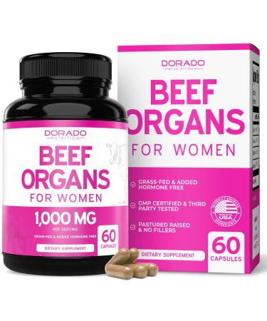 Beef Organ Supplement for Women - Grass Fed Beef Liver Heart Kidney & Uterus 1000mg Per Serving - Support Women's Energy & Overall Health - Third Party Tested & Non GMO - USA Made (60 Capsules) 60 Count (Pack of 1)