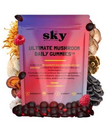 SKY NUTRITION Mushroom Gummies - 10-in-1 Adaptogenic Mushroom Supplement for Adults - Lions Mane, Reishi, Cordyceps, Chaga, Turkey Tail - Raspberry Flavored Vegan Gummies for Focus & Energy - 60 Ct.
