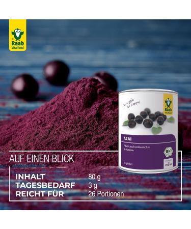 Raab Vitalfood Organic Acai Powder - Vegan Gluten-Free Pure Brazilian Superfood with Polyphenols & Anthocyanins - 80g Can - Buy Online on GoSupps.com