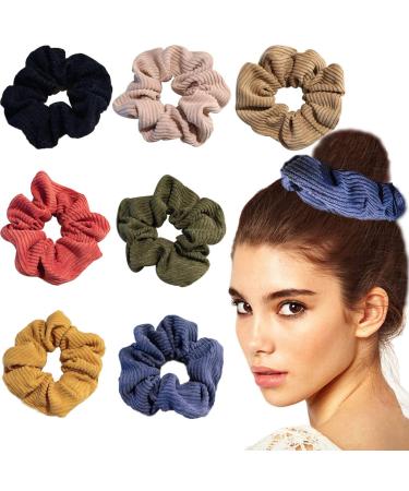 Vintage Elastic Hair Scrunchies for Girls Women Corduroy Hair Elastics Ties Ponytail Holders Solid Color Hair Bands Set Headwear Hair Accessories 7 Pcs