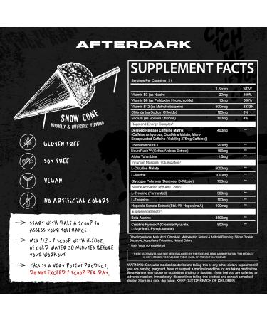 AFTERDARK INHUMAN Pre-Workout Powder Enhanced Mind-Muscle Connection Sustained Energy Potent Nootropic Blend Vegan Gluten-Free Soy-Free 400mg Caffeine No Crash SnowCone - Buy Online on GoSupps.com