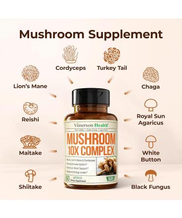 Mushroom 10x Complex with Lions Mane Extract Turkey Tail Cordyceps Reishi Shiitake Chaga & Maitake for Cognitive Support Vegan Mushroom Supplement Blend for Natural Energy & Focus 60 Capsules Mushroom Complex 10-in-1 - Buy Online on GoSupps.com