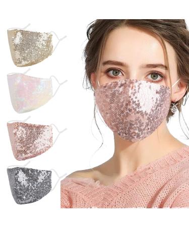 Sparkly Bling Sequin Face Mask for Women Glitter Reusable Breathable Adjustable Washable Cloth Cotton Fashionable Fancy Pink Grey Female Lady Adult Fashion Pretty Facemask Madks Pink//White/Grey/Gold