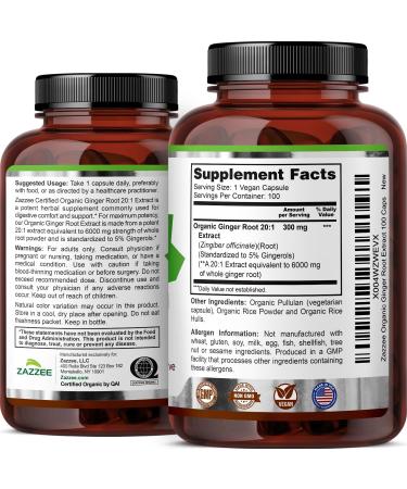 Zazzee USDA Organic Ginger Root 20:1 Extract 6000 mg Strength Standardized to 5% Gingerols 100 Vegan Capsules 20X Potency Digestive and Stomach Support Non-GMO All-Natural Made in The USA - Buy Online on GoSupps.com