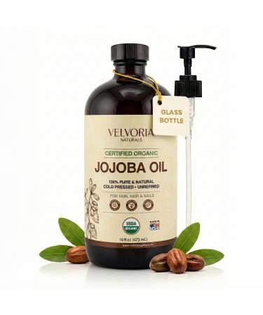 VELVORIA NATURALS Organic Jojoba Oil - 100% Pure Cold Pressed Unrefined Non-GMO for Skin Hair & Nails 16oz - Glass bottle with pump