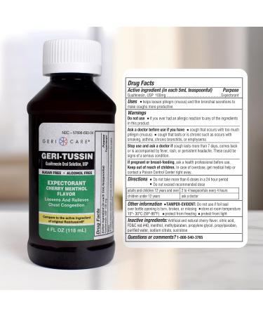 Geri-Tussin Cold and Cough Relief Guaifenesin Syrup by GeriCare| Sugar-Free Guaifenesin Liquid Expectorant| Cough Syrup & Chest Decongestant| Cherry Menthol Flavor Guaifenesin Oral Solution| 4 Fl Oz Expectorant 4 Fl Oz (Pac  - Buy Online on GoSupps.com