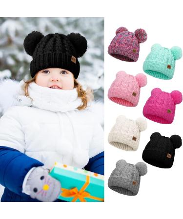 Baby Girls Double Pom Pom Bobble Hat - Toddler Winter Beanie for Kids 1-6Y, Black - Buy Online on GoSupps.com