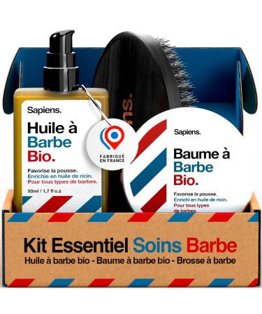 Sapiens Barbershop Men's Beard Care Kit - Organic Beard Oil + Organic Beard Balm + Boar Bristle Brush - Beard Care Essentials Made in France