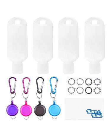 Kare & Kind Clear Portable Travel Bottles - 4x Empty Containers  4x Carabiner/Retractable Lanyard  1x Sticker Label Sheets - up to 50 ML -For Hand Sanitizers  Rubbing Alcohol  Liquids  Toiletries