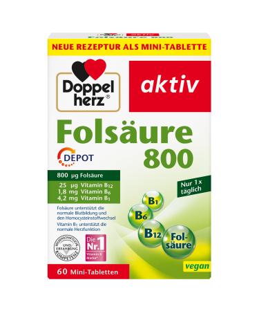 Double heart folic acid 800 depot - with vitamin C + B vitamins to support the normal function of the immune system - vegan - 60 mini tablets