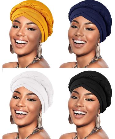 4 Pieces African Women Turban Cap Beaded Headscarf Beanie Twisted Braid Wrap Hat Faux Pearl Headwrap Black, White, Navy, Ginger Solid Color Style