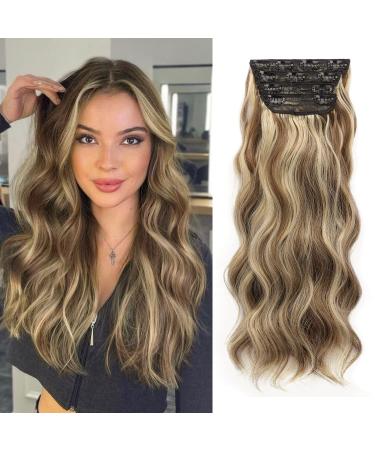 Nnzes Clip in Long Wavy Hair Extension 4PCS Thick Brown mix Blonde Hairpieces Double Weft 20 Inch Synthetic Hair Extension for Women (20 Inch) 20 Inch Brown mix Blonde