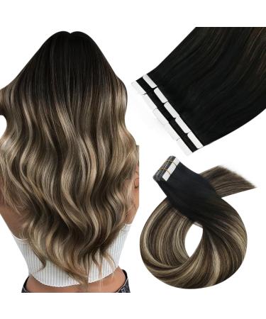 Moresoo invisible tape in extensions real hair black hair extension real hair tapes 60 cm black to dark brown with caramel blonde adhesive tape extensions 10 pieces 25g #1b/3/27 60 cm 1. #1b/3/27