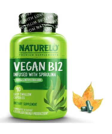 NATURELO Vegan B12 - Methyl B12 with Organic Spirulina - High Potency Vitamin B12 1000 mcg Methylcobalamin - Supports Healthy Mood, Energy, Heart & Eye Health - 90 Capsules Vitamin B12 90 Count (Pack of 1)