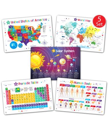 Simply Magic Discovery Set of 5 Educational Placemats for Kids - Kids Placemats Non Slip for Dining Table  Wipeable Reusable Plastic Placemats for Kids: USA  World Map  Periodic Table  Solar System