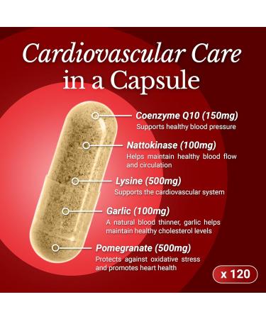 CoQ10 Cardiovascular Supplement 150mg Coenzyme Q10, Nattokinase, Pomegranate, Garlic & Lysine for Blood Cholesterol, Circulation, Heart Plus CoQ10 Supplement for Men & Women, 120 Capsules by Rhoziva - Buy Online on GoSupps.com