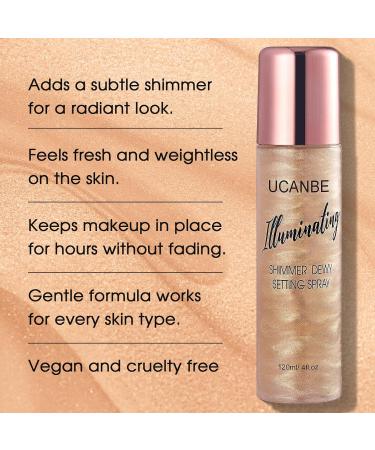 UCANBE Shimmer Dewy Setting Spray Glowing + Makeup Setting Spray 2 in 1 Lightweight Formula for a Radiant Glow Long-Lasting Face Mist for Face Body 4 Fl Oz #Champagne - Buy Online on GoSupps.com