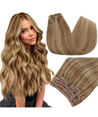 Runature real hair Extensions clip 45cm long blond clip in extensions remy real hair dark blonde with gold blonde clip extensions real hair straight 7pcs 12p16 45cm-7PCs #10p16