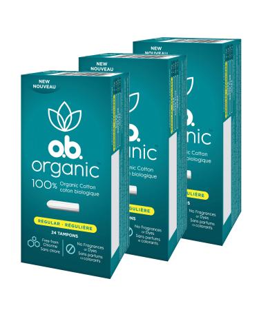 o.b. Organic Tampons, Made with 100% Organic Cotton, Proven 8 Hour Leak Protection, Regular, 24 Count, Pack of 3 24 Count (Pack of 3) Regular Absorbency