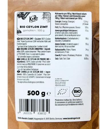 KoRo - Organic Ceylon Cinnamon Powder 500g - Premium spice with very low coumarin content no additives - Buy Online on GoSupps.com