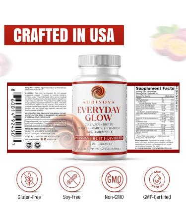 Aurisova Everyday Glow Biotin 6000mcg & Marine Collagen Gummies | Advanced Dietary Supplement for Hair Skin and Nails Vitamins with B-Complex Zinc Vitamin C & E | Passion Fruit Non-GMO 60ct - Buy Online on GoSupps.com