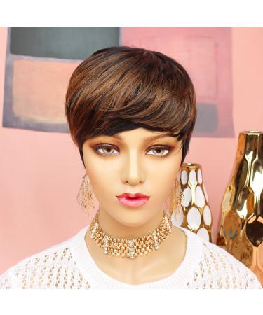 Evasens Short Pixie Cut Wigs Human Hair Wigs for Black Women Pixie wig with Bangs Natural Straight Black with 30 Brown Layered Wavy Wigs Cute Daily Wear Wig F1B/30 Pixie-F1B/30
