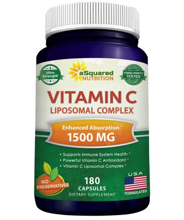 aSquared Nutrition Vitamin C Liposomal Complex - 1500mg Supplement - 180 Capsules - High Absorption VIT C Ascorbic Acid Pills - Supports Immune System & Collagen Health - 90 Servings