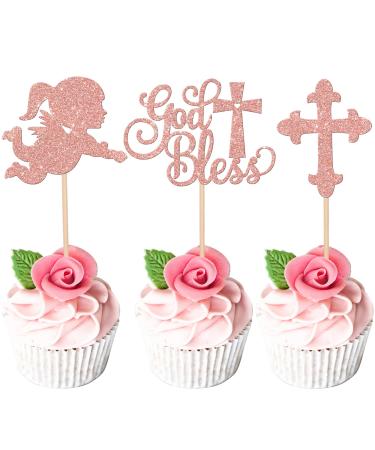 Rsstarxi 24 Pack God Bless and Cross Cupcake Toppers Angel Christening Babyshower Girl Baptism Cupcake Picks Decoration for First Communion Baptism Party Cake Decorations Rose Gold Design 10 Rose Gold