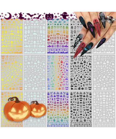 EBANKU 15 Sheets Halloween Nail Art Stickers Decals 3D Laser Self-Adhesive Pumpkin Witch Skeleton Nail Decals Halloween Gold and Silver Colorful DIY Nail Decoration Designs