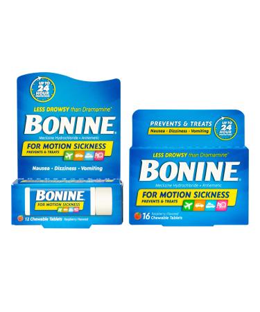Bonine Motion Sickness Relief Tablets - With 25mg of Meclizine, Non-Drowsy Formula, Raspberry Flavor, 2 Piece Assortment of 16ct Plus 12ct Chewable Tablets