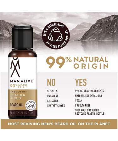 Man Alive Beard Oil - 99% Natural Skincare with Oatmeal, Argan, Jojoba, and Almond Oil | 50ml | Gifts for Men | Softens Facial Hair | Birthday Gifts for Him | Leather & Oud Scent - Buy Online on GoSupps.com