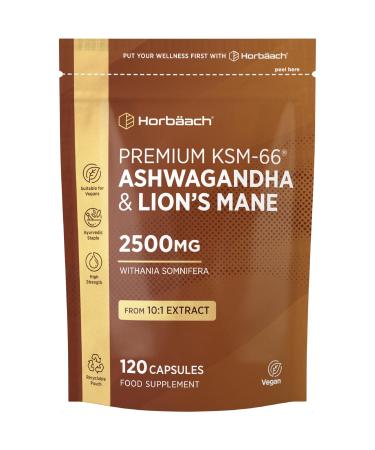 Ashwagandha KSM-66 and Lion's Mane 2500mg Capsules | KSM-66 Ashwagandha Root Extract & Lion's Mane Mushroom Extract Enhanced with Black Pepper | 120 Vegan Capsules | Horbaach